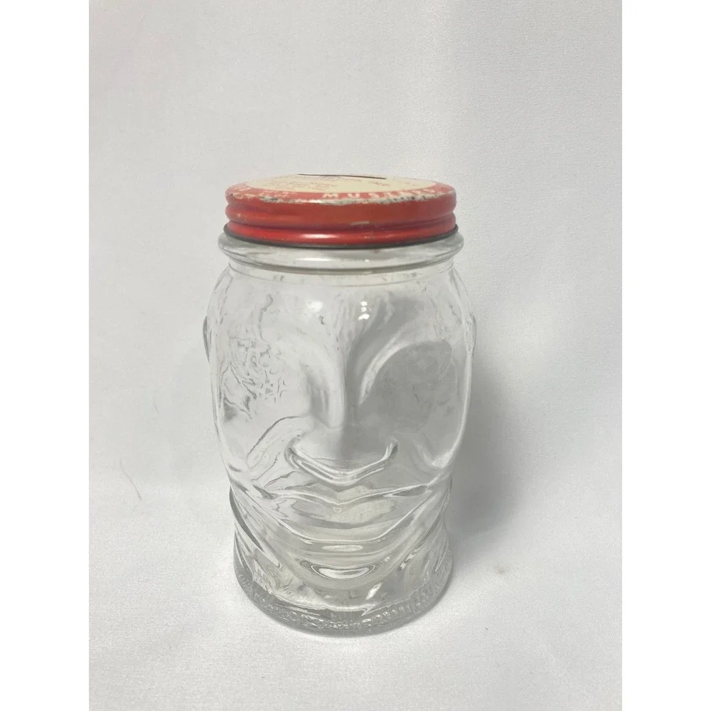 Vintage 1930s Nash Lucky Joe Glass Face Coin Bank Mustard Jar Original Lid
